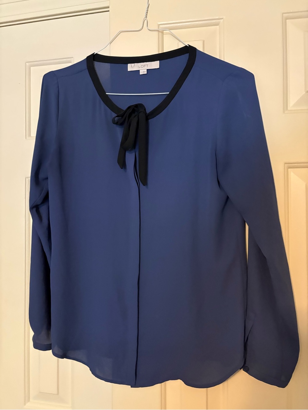LOFT Navy Blue Tie-Neck Blouse with Black Trim